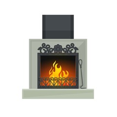 Home fireplace or wood burning heart with flaming fire vector icon of house or room interior design. Metal fire place frame, chimney, grate and fireplace poker, decorated with forged flowers, swirls
