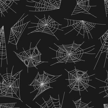 Spiderweb pattern, seamless spider web for Halloween, background, vector. White spiderweb or cobweb pattern on black background, horror holiday night and spooky, creepy cartoon decoration