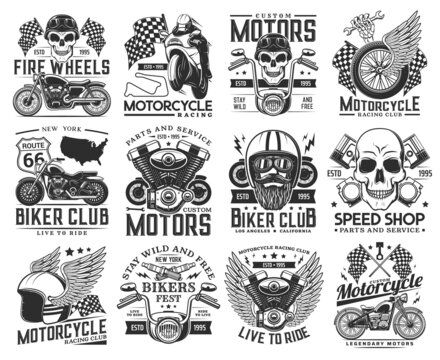 Motorcycle racing, biker club retro icons. Biker skull in helmet and goggles, winged wheel, engine piston and handlebars, chopper engraved vector. Repair service, festival and spare parts shop emblem