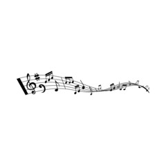 Fototapeta premium Music wave with vector musical notes of song or melody. Swirling stave or staff with musical notation marks, treble and bass cleves, sharp symbol and bar lines, piano, flute and violin music sheets