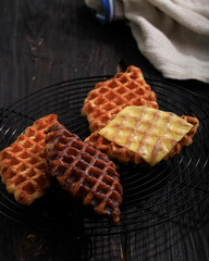 Selected Focus Close Up Chocolate and Cheese Croissant Waffle (Croffle). Croffle Popular in Korea, Made from Frozen Croissant with Waffle Machine