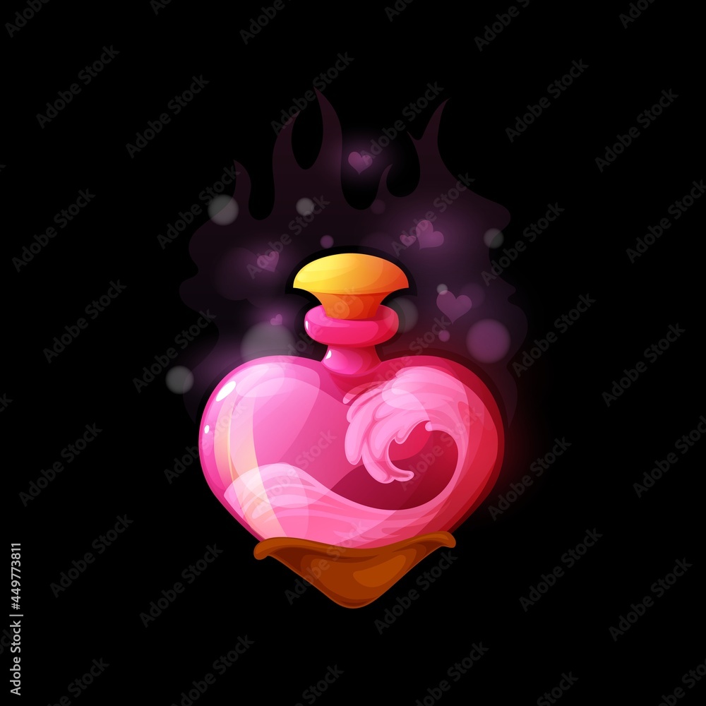 Aufkleber cartoon love potion bottle, vector heart shaped flask with pink liquid. magic elixir ui design eleme