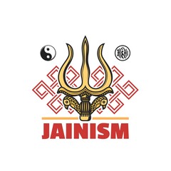 Jainism religion symbol isolated vector icon with Jain Dharma religious signs. Ahimsa, yin yang, endless knot or srivatsa and gold trident of Shiva God or trishul, Indian religion themes