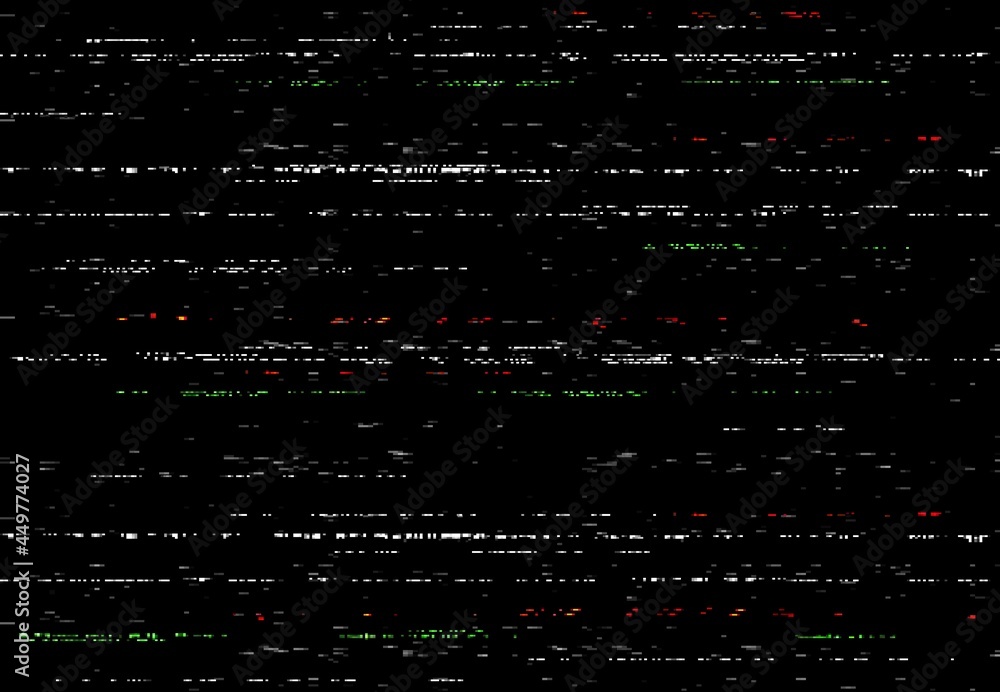 Aufkleber Glitch VHS screen, video glitch effect with random lines and noise. Abstract vector distortion, corrupted camera film or digital video system black background, horizontal distorted stripes, no signal