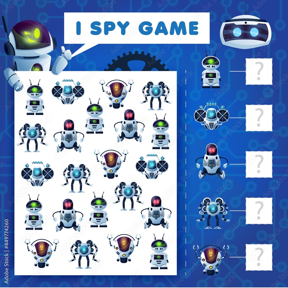 Poster kids i spy riddle, cartoon robots education vector game with ai cyborgs. how many androids, bots and
