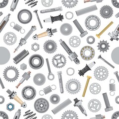 Machinery metal spare parts seamless pattern. Screw-bolts and nuts, bearing and cogwheel, shock absorber steel springs, sleeve and shim washers vector. Industrial machine, car elements background