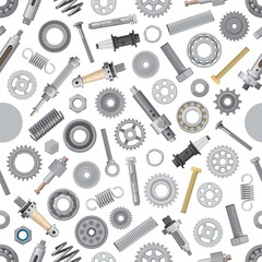 Machinery metal spare parts seamless pattern. Screw-bolts and nuts, bearing and cogwheel, shock absorber steel springs, sleeve and shim washers vector. Industrial machine, car elements background