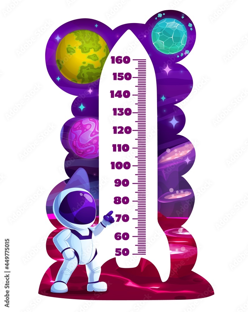 Poster cartoon spaceship and astronaut kids height chart, growth meter. vector wall sticker with space plan