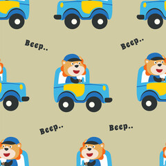 Seamless pattern texture with funny tiger driving car in the road on sunny day. For fabric textile, nursery, baby clothes, background, textile, wrapping paper and other decoration.