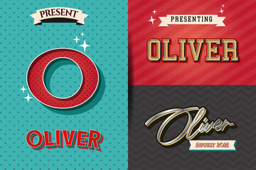 name Oliver in various Retro graphic design elements, set of vector Retro Typography graphic design illustration - obrazy, fototapety, plakaty
