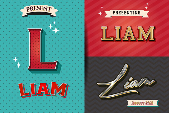 name Liam in various Retro graphic design elements, set of vector Retro Typography graphic design illustration