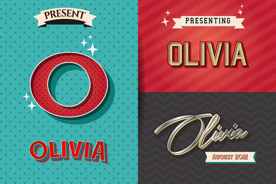 name olivia in various Retro graphic design elements, set of vector Retro Typography graphic design illustration