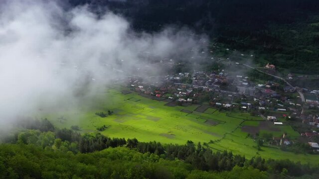 Aerial: Mestia township in Zemo Svaneti, Georgia Caucasus Mountains, 4K view