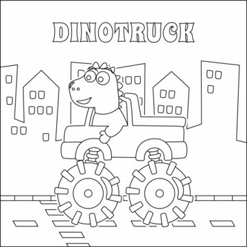 Vector illustration of monster truck with cute dinosaur driver. Cartoon isolated vector illustration, Creative vector Childish design for kids activity colouring book or page.
