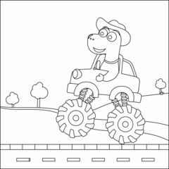 Vector illustration of monster truck with cute dinosaur driver. Cartoon isolated vector illustration, Creative vector Childish design for kids activity colouring book or page. © Hijaznahwani
