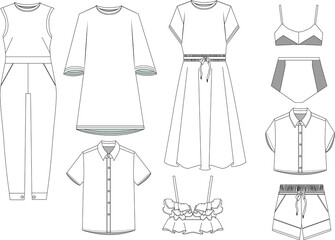 september set of technical fashion drawing in illustrator. fabulous, sport and confy drawings