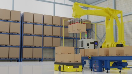 Factory 4.0 concept: The cartons are arranged on the AGV by palletizing robots in smart factory. 3D illustration