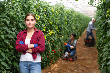 Portrait of woman engaged tomatoes in cultivation in glasshouse, proud of her plants