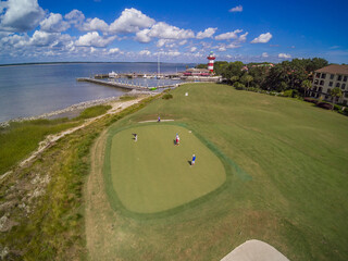 Aerial view of Hilton Head Island, USA, Harbour Town Golf Links with Harbour Town Lighthouse - obrazy, fototapety, plakaty