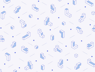 Pieces of three-dimensional tetris blocks are arranged in an isometric grid. Simple pattern design template.