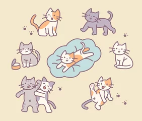 Behang Speelgoed katten dag. Verschillende acties van een schattig kattenkarakter. overzicht eenvoudige vectorillustratie.