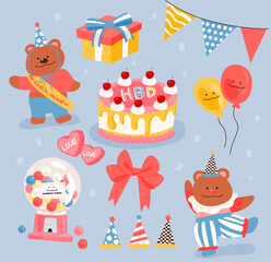 Cute bear's birthday party. Birthday cake, party supplies and bear character set. flat design style vector illustration.