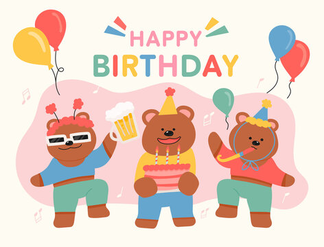Cute bear's birthday party. The middle bear is holding a birthday cake and friends are dancing around it. flat design style vector illustration.