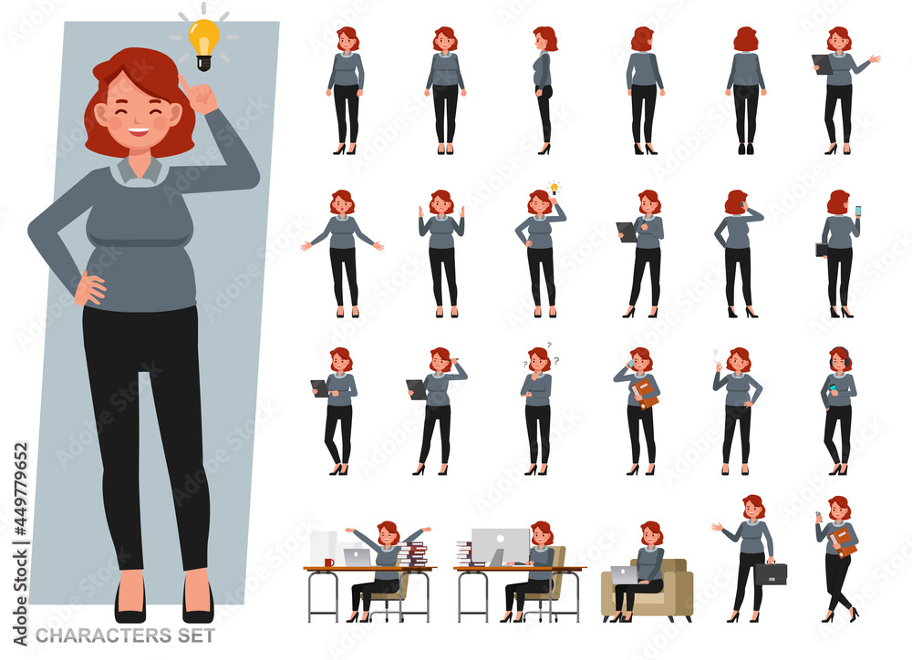 Poster set of business woman character vector design. presentation in various action with emotions, running