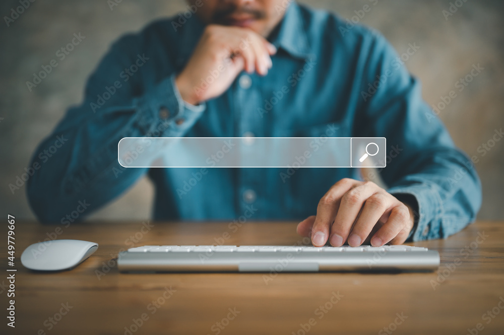 Leinwandbilder Data Search Technology Search Engine Optimization. man's hands are using a computer keyboard to Searching for information. Using Search Console with your website..