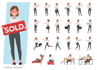 Set of business woman character vector design. Presentation in various action with emotions, running, standing and walking. People working in office planning, thinking and economic analysis.