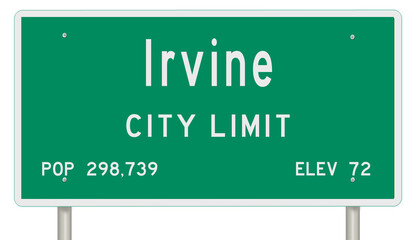Rendering of a green California highway sign with city information