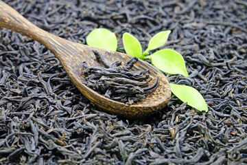 Oolong tea on wooden tea spoon, famous Chinese Tea