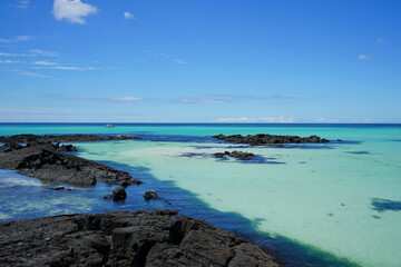 a beautiful seascape with clear water and charming clouds