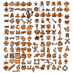 orange halloween icon set hand drawn with black lines isolated on white background illustration vector