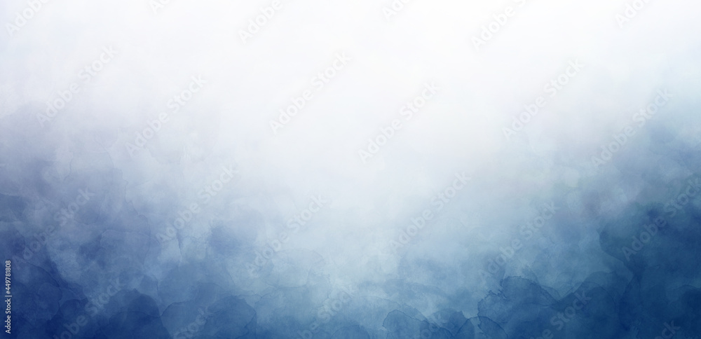 Wall mural blue watercolor border on white background, gradient texture and color in cloudy sky or foggy haze d