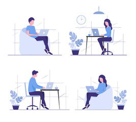 Office work. Work at home concept. Flat colored vector illustration. Isolated on white background.