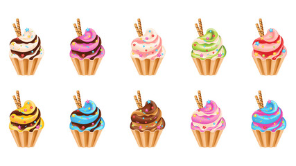 Realistic vector Cupcakes set. Colorful cakes collection. Vanilla, chocolate, strawberries, caramel, lemon, kiwi.