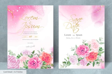 Fototapeta na wymiar Elegant arrangement flower and eucalytus leaves wedding invitation card template