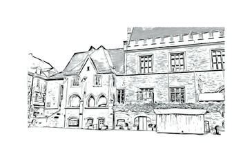 Building view with landmark of Gottingen is the 
city in Germany. Hand drawn sketch illustration in vector.