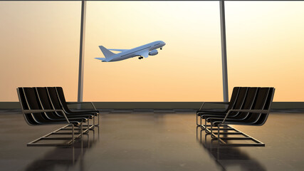 Airplane taking off from the airport, 3d illustration