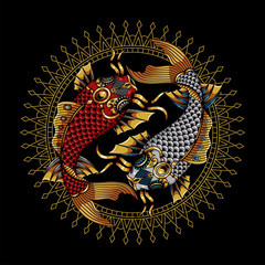 Koi Fish Illustration, Colorful mandala Zentangle and Tshirt Design Premium Vector