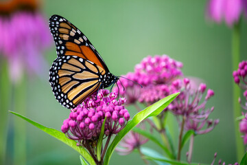 Macro abstract view of a monarch butterfly feeding on pink blossoms and buds of a swamp milkweed plant (asclepias incarnata), with defocused background
