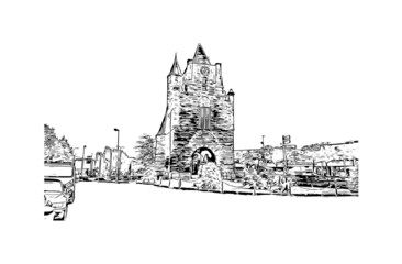 Building view with landmark of Haarlem is the 
city in the Netherlands. Hand drawn sketch illustration in vector.