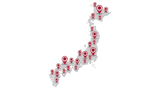 Graphic animation - COVID-19 pandemic in Japan , infection spread around Japan country map