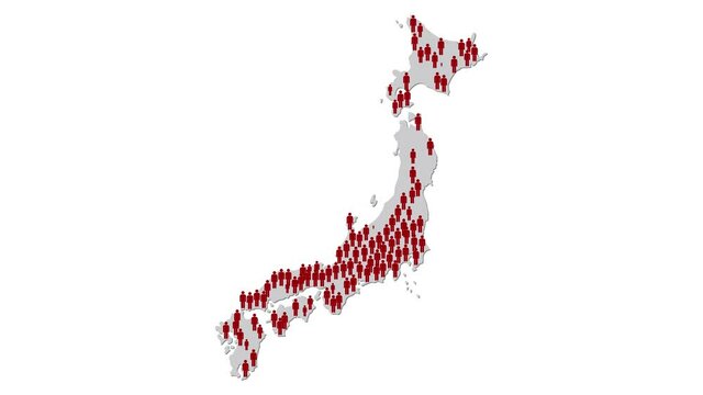 Graphic animation - red people symbols in shape of map of Japan , COVID-19 pandemic in Japan , infection spread around Japan country map
