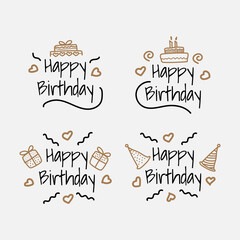 Happy birthday celebration concept. Greeting birthday party lettering with celebration hand drawn elements  decorative invitation card vector set. - Vector.