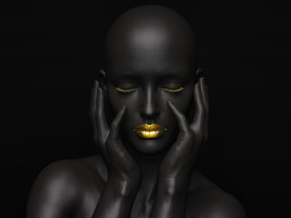 Black female figure with golden lips holding her hands to her face and closing her eyes against a black background (3D illustrations)