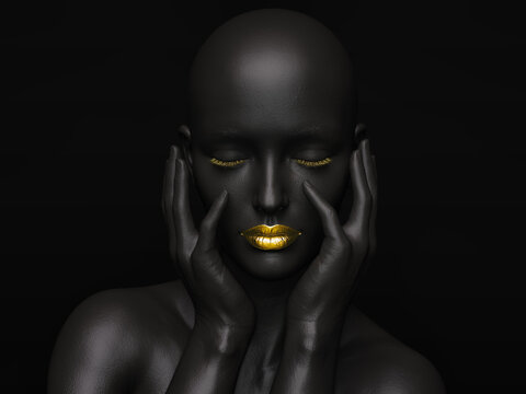 Black female figure with golden lips holding her hands to her face and closing her eyes against a black background (3D illustrations)