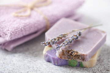 Obraz na płótnie Canvas Aromatic Natural Soap. Lavender Handmade soap bars on table. No plastic concept