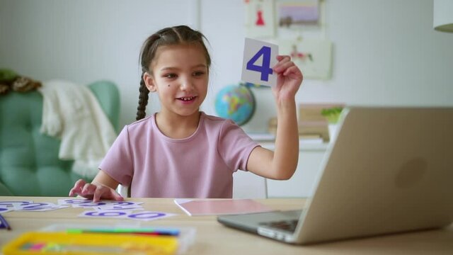 Home education of junior schoolchildren girl shows digit Spbd